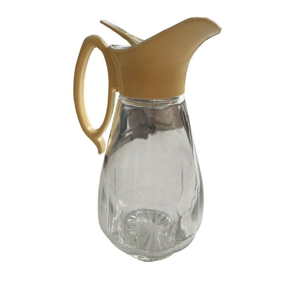 Log Cabin Syrup Pitcher Vintage 60's Clear Glass Ivory Top MCM